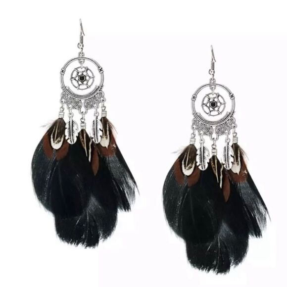 Dream Catcher Feather Earrings Black Brown long Dangle Boho - Picture 1 of 4